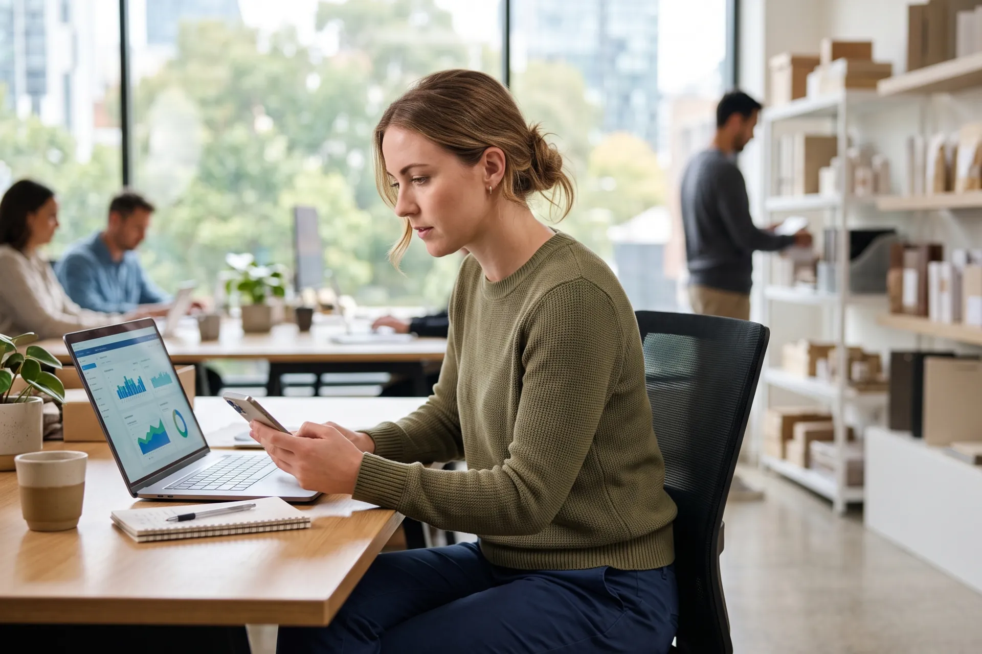 An ecommerce manager reviewing site performance on a laptop and phone