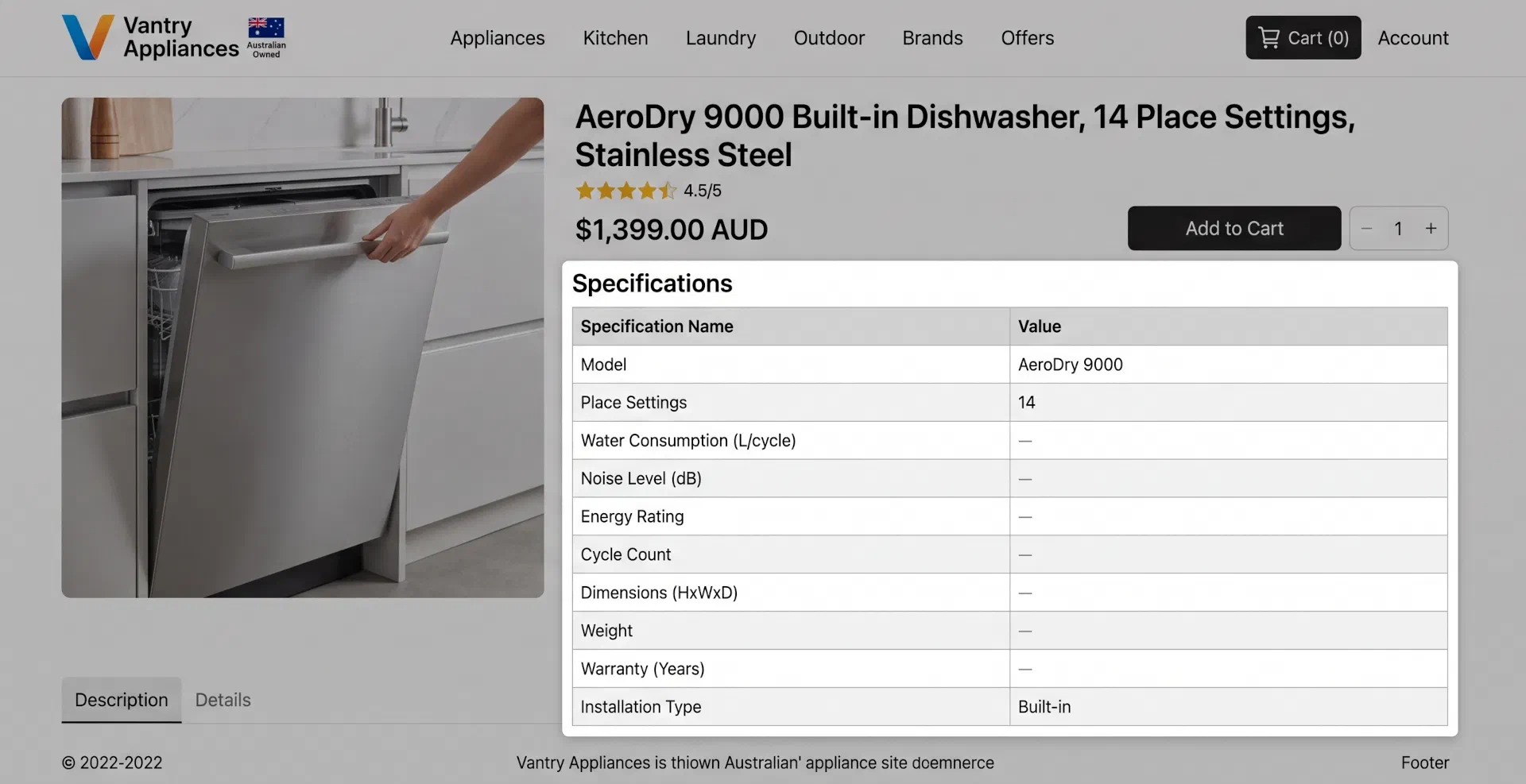 A product page whose specifications table has most of its values left blank