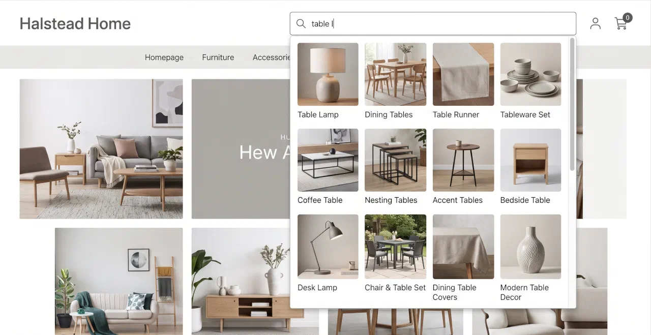 An overcrowded autocomplete dropdown with a scrollbar and large product thumbnails obscuring the suggestions