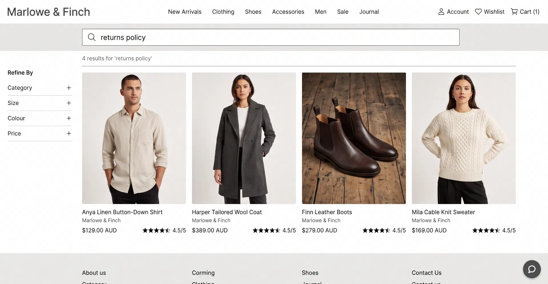 A search for returns policy on a clothing site returning four unrelated garments
