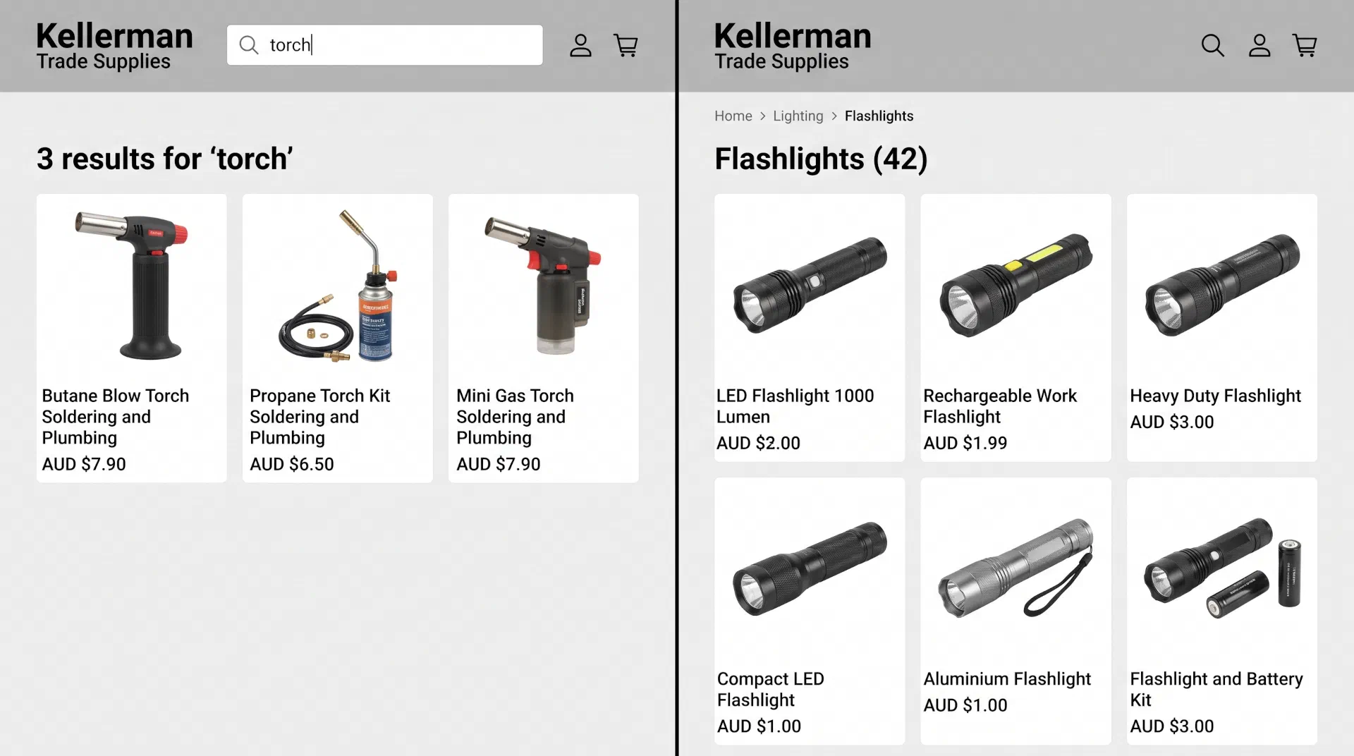 A search for torch returning three blow torches beside a category page holding forty-two flashlights