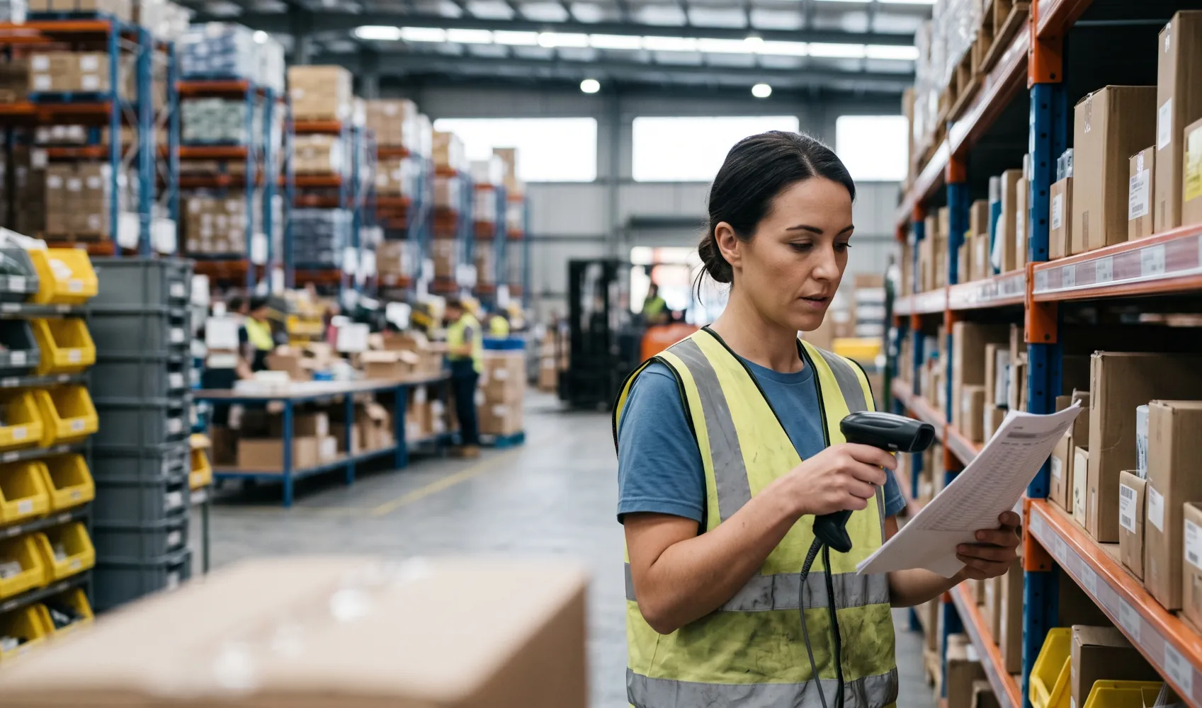 Warehouse floor with racked inventory, the physical stock a Shopify-ERP integration has to keep accurate